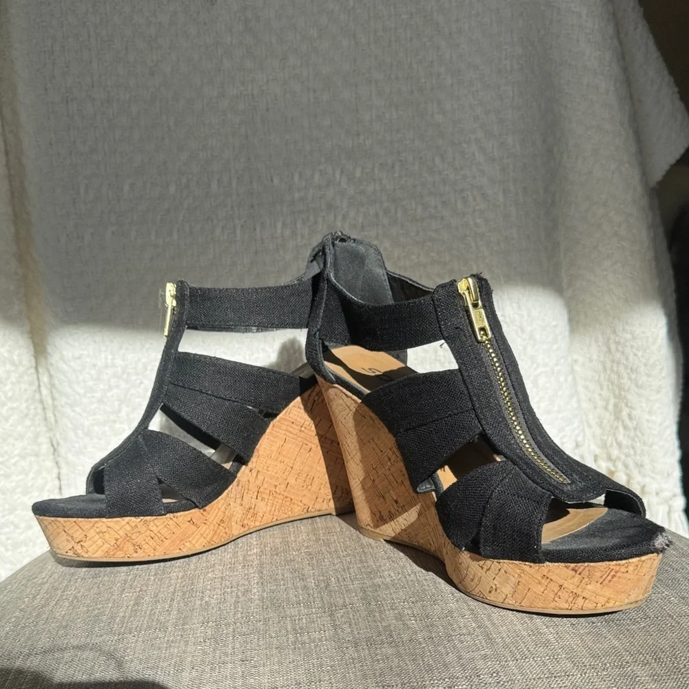 Soda Black Wedge Sandals with Cork Heel